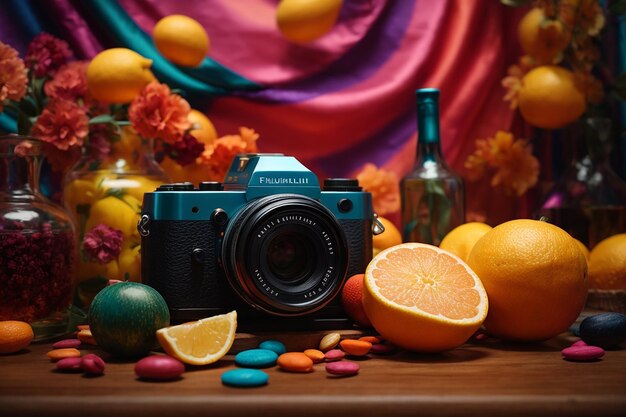 Photo still life with psychedelic colored background