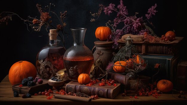 Still life with pumpkins rowan berries vintage bottles and old books
