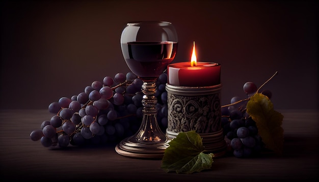 Still life with red wine grapes and candles on a black backgroundgenerative ai