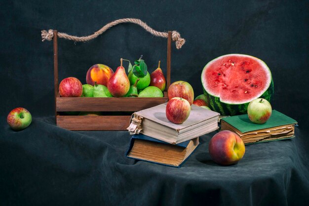 Still life with ripe fruits and watermelon