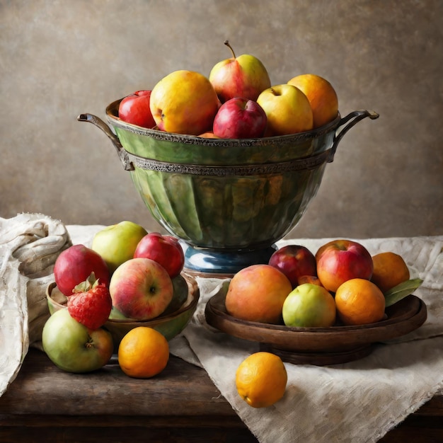 熟した梨のリンゴとプルームを木製のトレイに置いた静物 熟した梨のリンゴの静物
