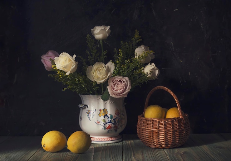 Photo still life with roses and lemons closeup