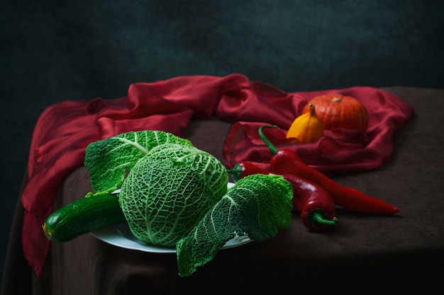 Still life with Savoy cabbage cucumber red pepper and pumpkin