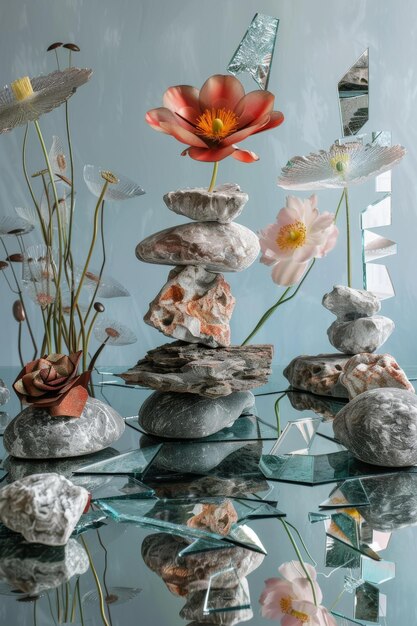 Фото still life with stones glass and flowers