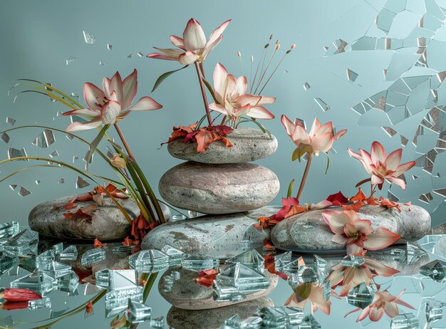 Photo still life with stones glass and flowers