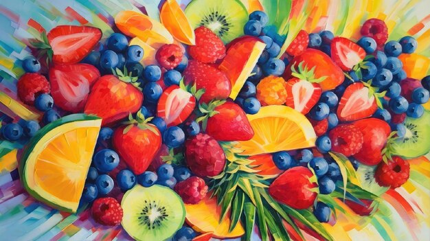 Still life with summer fruits strawberries blueberries kiwi grapes orange on colored background