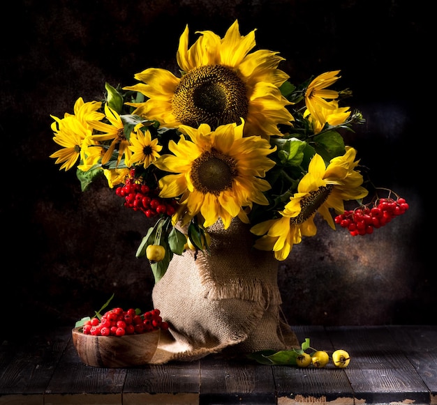 Still life with sunflowers in a vase