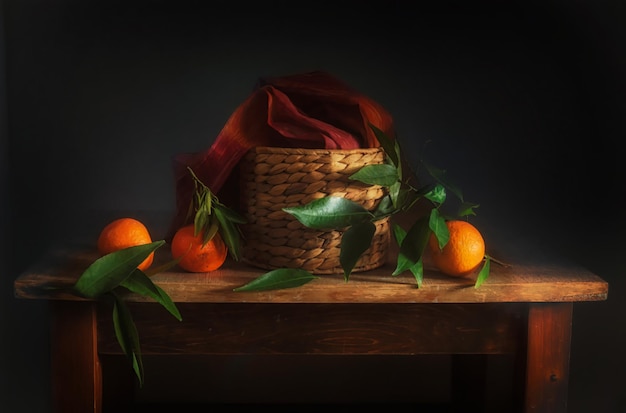 still life with tangerines and a basket Vintage