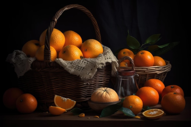 Still life with tangerines and fruits in a basket AI