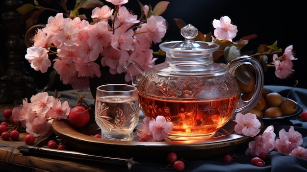 still life with tea and flowers