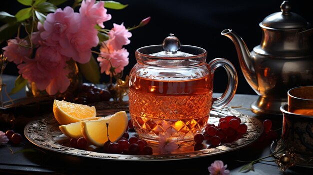 still life with tea and flowers