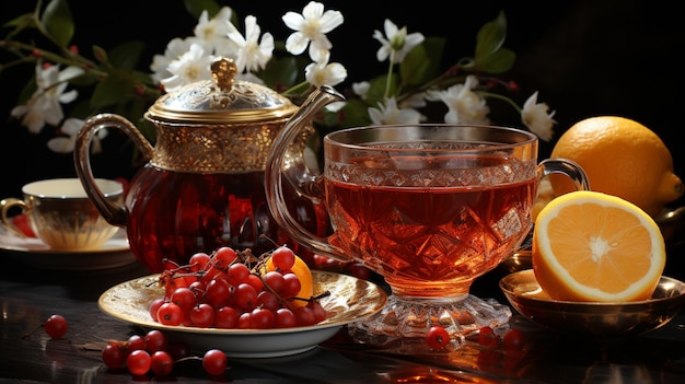 still life with tea and flowers