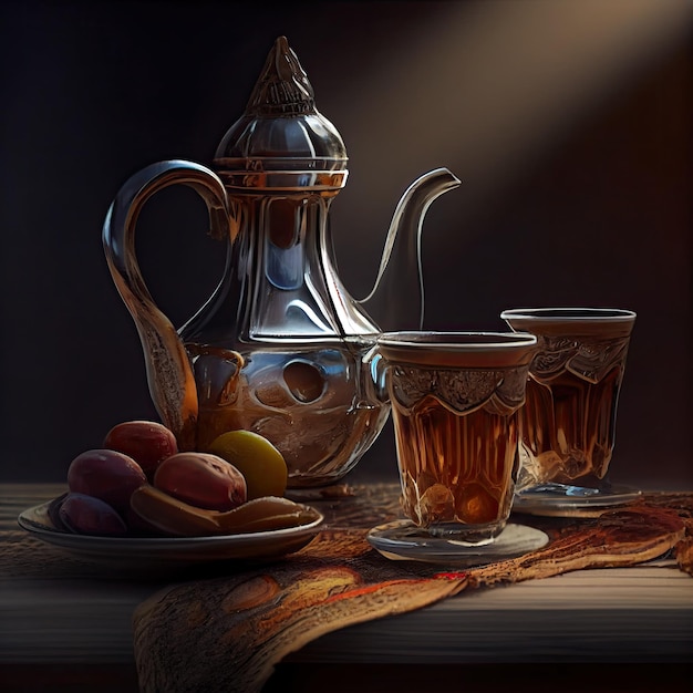 A still life with a tea pot and two cups