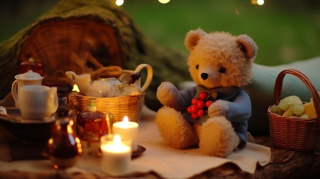 still life with a teddy bear enjoying a picnic tea party with miniature teacups and pastries AIGe