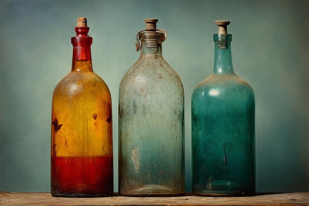 Still life with three colored glass bottles on a gray background