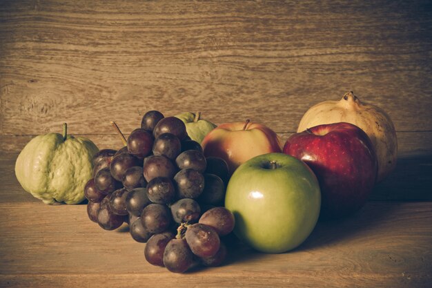 Still life with on the timber full of fruit