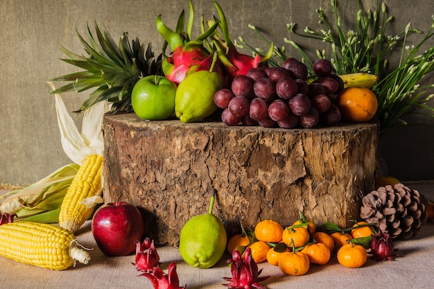 Still life with on the timber full of fruit.