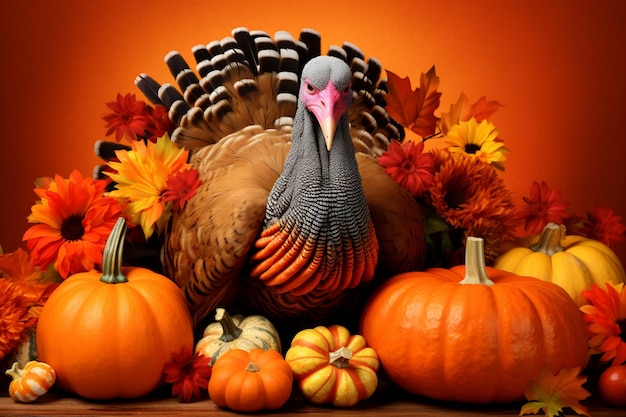 Still life with turkey bird pumpkins and autumn flowers on orange background for thanksgiving