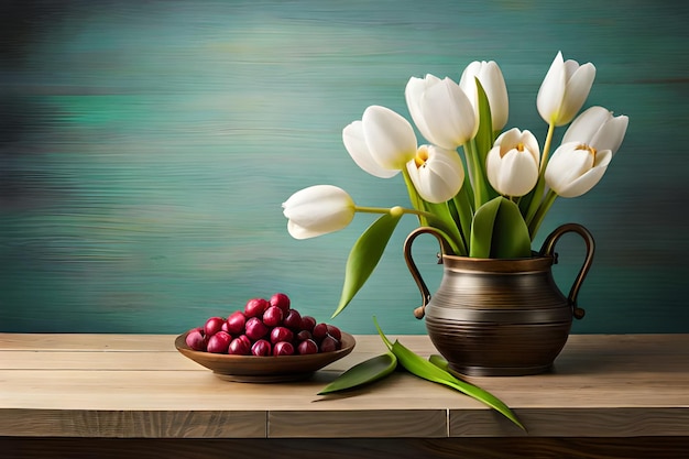A still life with a vase of flowers and a bowl of cranberries