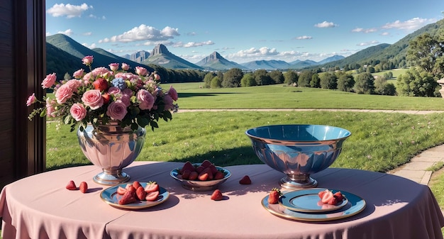 Photo still life with a vase of flowers and a cluber on a landscape background