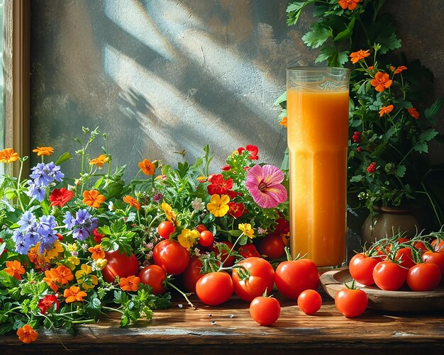 Still life with vegetables and flowers