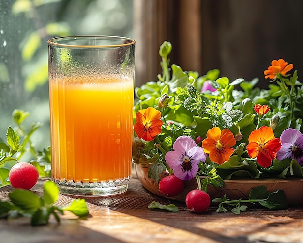 Still life with vegetables and flowers