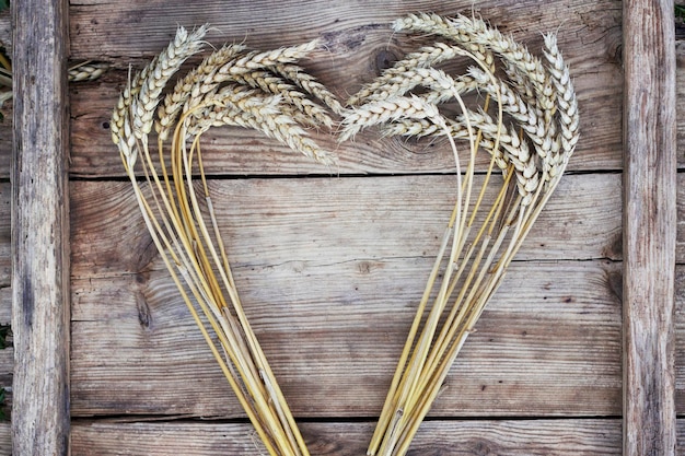 Still life with wheat ears heart on wood