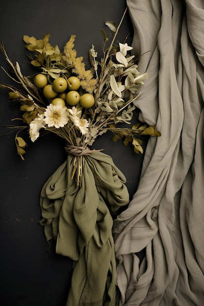 A still life with white flowers and various green leaves tied together adorned against a dark grey backdrop with draped fabric Vertical format