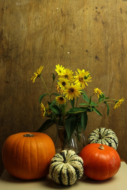 still life with wild sunflowers and colorful pumpkins