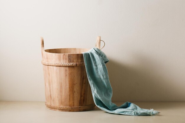 Still life with wood barrel with clothes