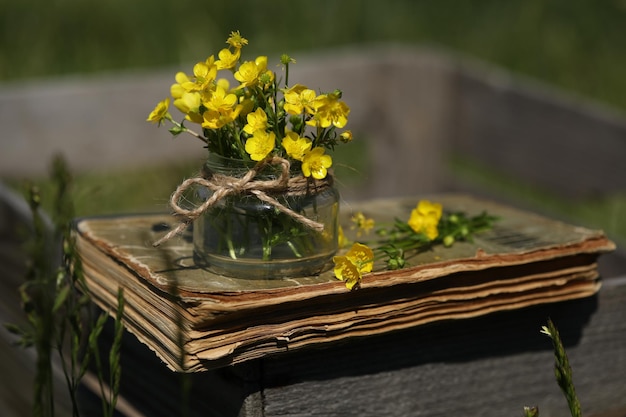 still life with yellow flowers and old book