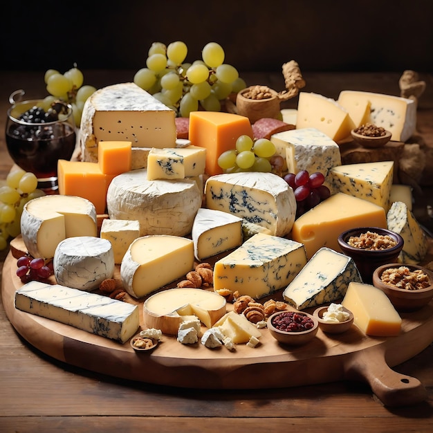 A still life of a wooden board overflowing with a variety of delicious cheeses Ai Generated