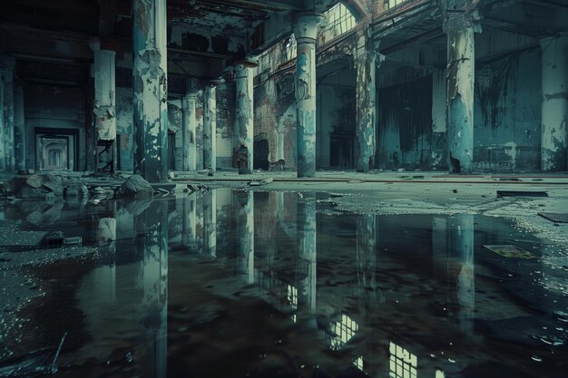 Still waters mirror a vast dilapidated factory hall enhancing the eerie tranquility of this forsaken