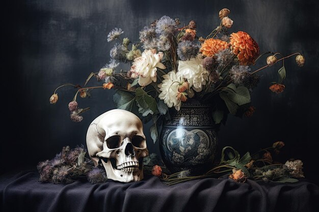 Foto stille natuur met schedel en bloemen op monochrome achtergrond