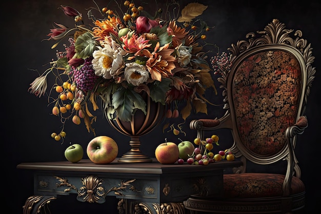 Stille natuur schilderij met bloemen en fruit op een tafel Generatieve AI