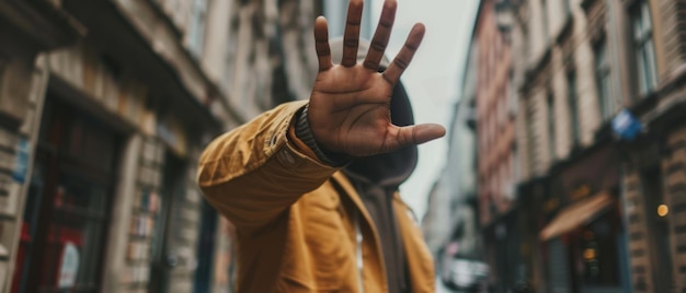 Stille protest Onherkenbare Afro-Amerikaanse man in casual kleding stopsignaal Geste in de straat