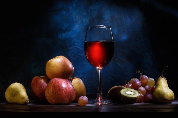 Stilleven, appels, druiven, fruit en rood sap op een donkerblauwe achtergrond. Dieet, gezond eten.