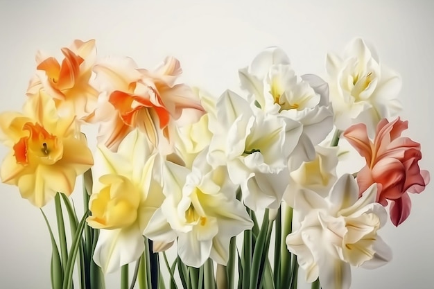 Stilleven met kleurrijke gladiolen op witte achtergrond