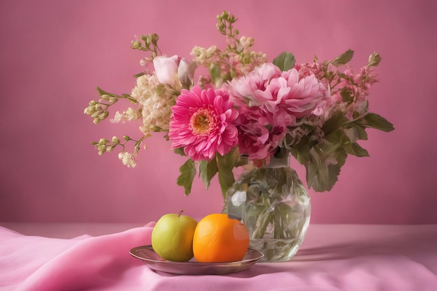 stilleven met roze en roze pioenrozen en een vaas met een glas melk op een witte achtergrond