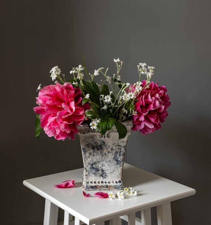 Foto stilleven met roze pioenrozen en wilde bloemen