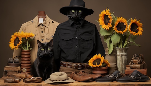 Foto stilleven met zwarte kattenmuts, zonnebloemen en laarzen