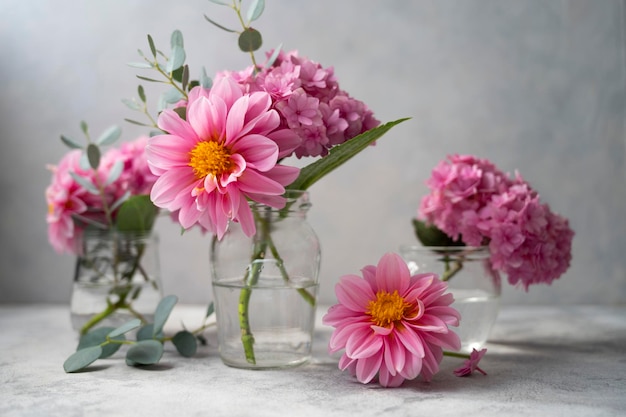 Stilleven roze bloemenscène Roze hortensia bloemen en dahlia's in glazen vaas op neutrale achtergrond zachte selectieve focus