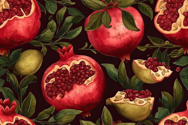 Stilleven schilderij met granaatappels en bladeren tegen een zwarte achtergrond Generatieve AI
