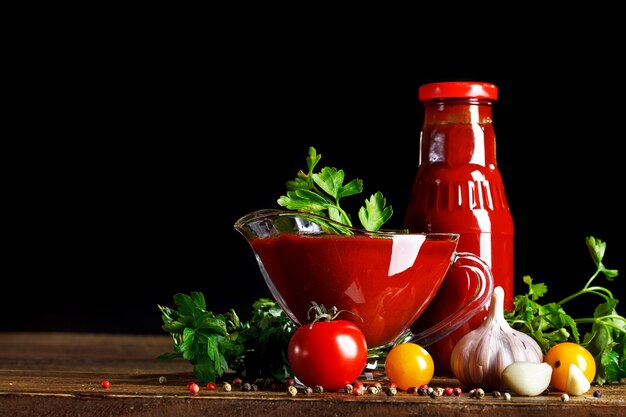 Stilleven van verse tomaten en tomatensaus op houten planken. Op een zwarte achtergrond.