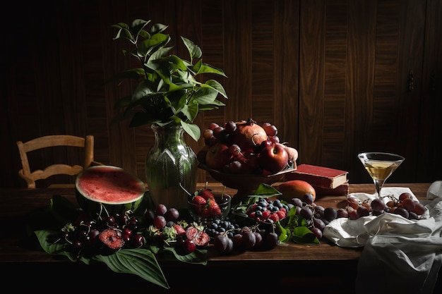 Stilleven van zomerfruit. Donker stemmingsstilleven