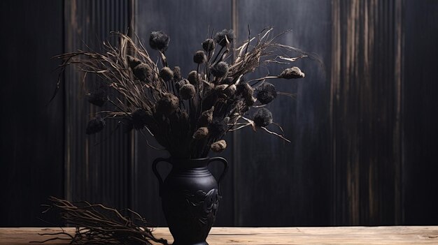 Stillevenbeeld van gedroogde bloemen in rustieke vaas tegen verweerde houten achtergrond Genatieve AI