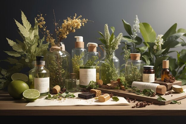 Foto stillevenherbariumconcept met natuurlijke schoonheidsproducten