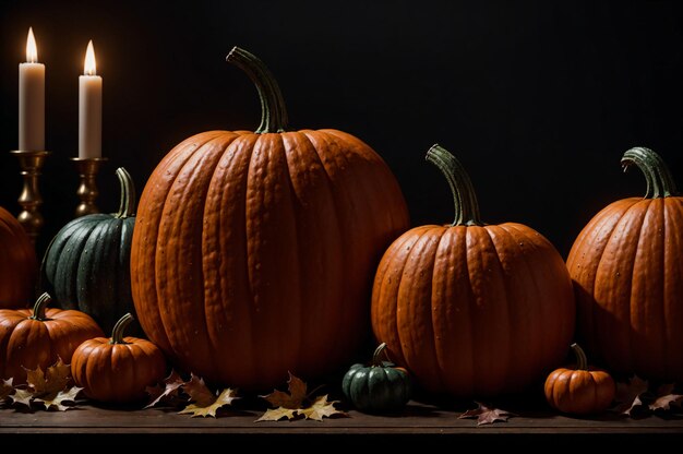 stillevenpompoenen en kaarsen op een zwarte achtergrond Thanksgiving en Halloween-achtergrond