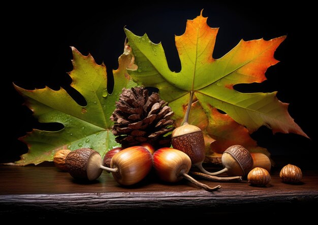 A stilllife photo of acorns and autumn leaves