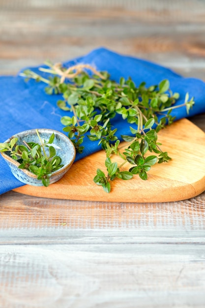 Stilllife Thyme on a wooden background Herbs